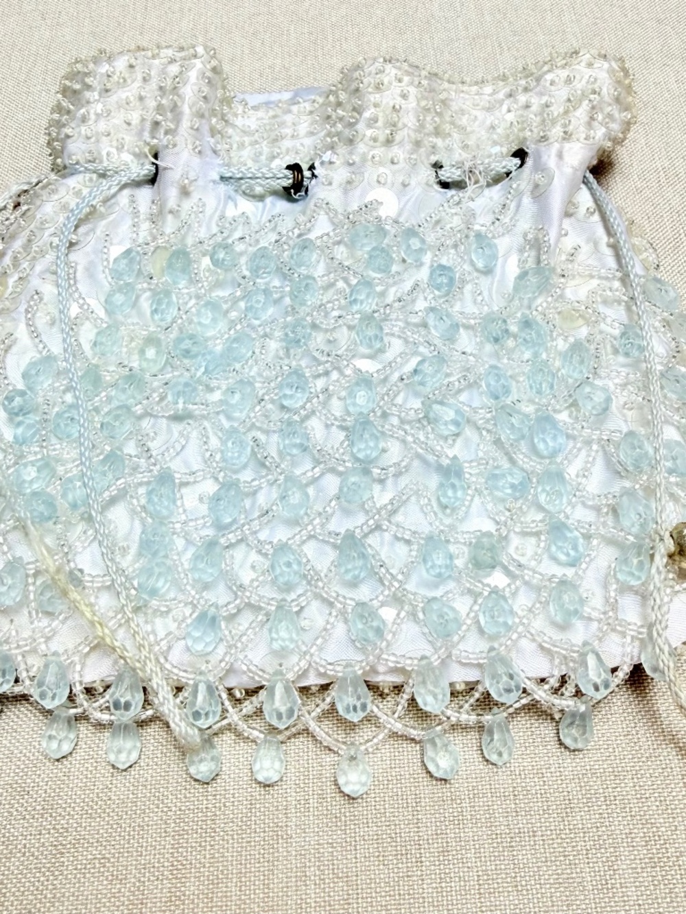 Vintage Made in Hong Kong Blue Beaded Drawstring Evening Bag Wedding Purse